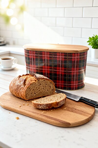 EVLE Metal Bread Box with Plaid Pattern Wooden Cutting Board, 10.4 Lt