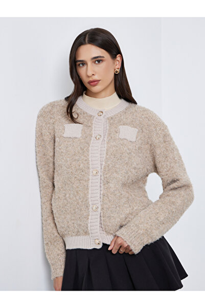 Styli Beige Regular Fit Mixed Yarn Cardigan