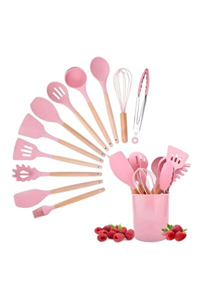 OEM Set of 12 Silicone Cooking Utensils with Bamboo Handles and Stand, Pink