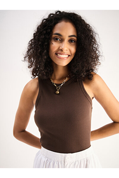 Sassafras By Styli Women Brown Ribbed Sleeveless Round Neck Top