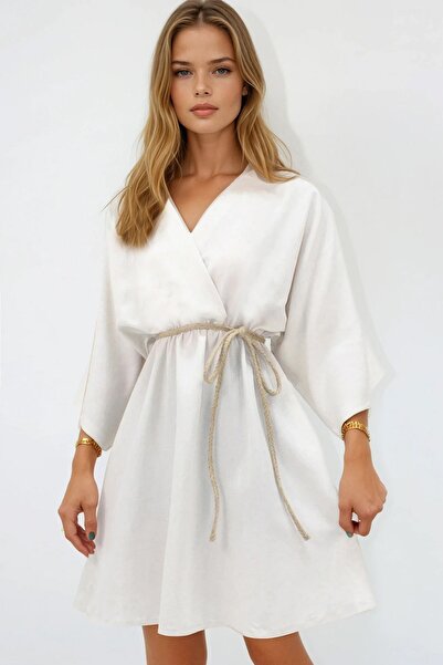 Trend Alaçatı Stili Kadın Ekru Kruvaze Yaka Beli Büzgülü Keten Elbise ALC-X13746