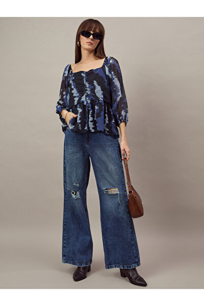 Kuwarii By Styli Blue Square Neck Chiffon Top