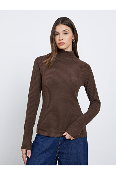 Styli Brown Ribbed High Neck Knit Top