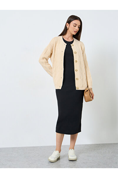 Styli Beige Longline Cable Knit Cardigan