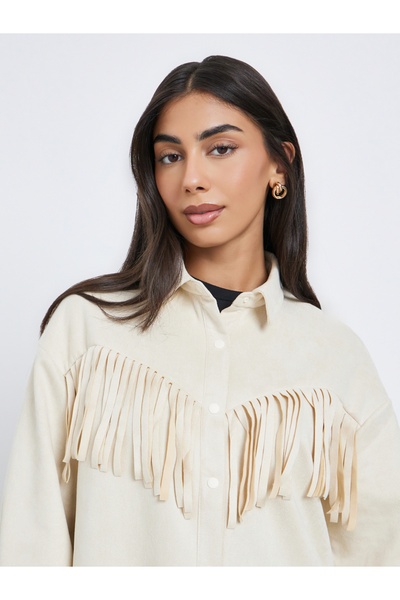 Styli Cream Tassel Trim Suede Look Shirt