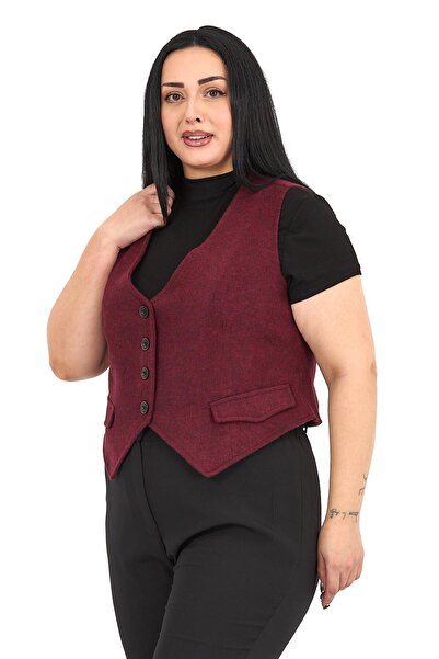 DISENTIS MODEST Plus Size Button Closure Pocket Flap Lined Short Cashmere Burgundy Vest