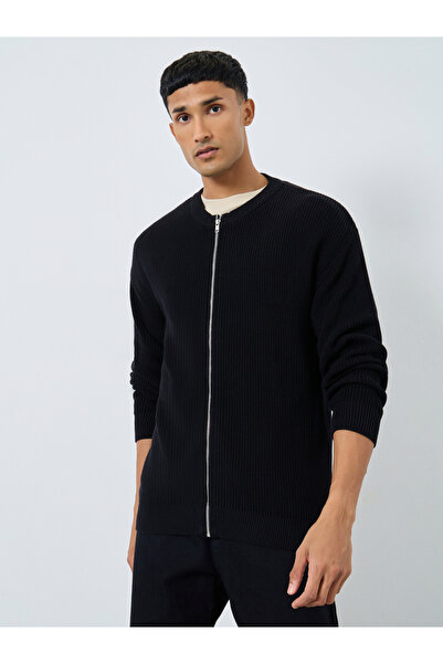 Styli Men Black Knit Cardigan with Front Zip