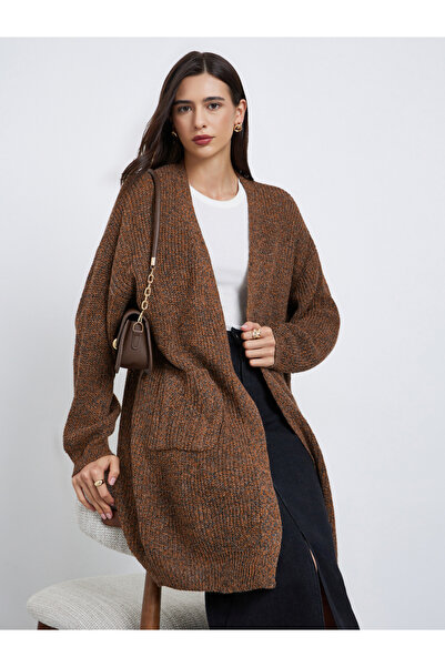 Styli Coffee Brown Longline Multi Yarn Knit Cardigan