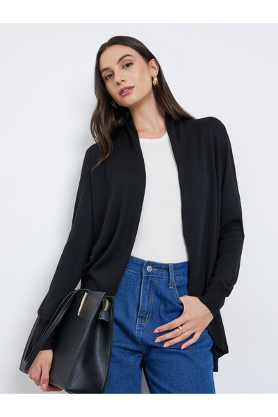 Take Two By Styli Women Black Solid Loose Fit Open Front Cardigan