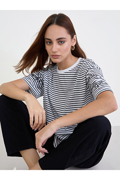 Styli Striped Embroidered Sleeve Oversized T-Shirt