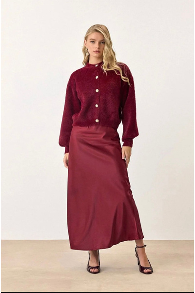 Store İnci düğmeli sakallı balon kol kadın triko yumoş hırka