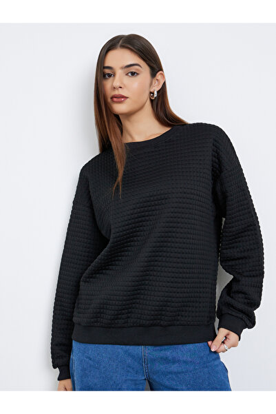 Styli Black Textured Knit Relaxed Fit Sweatshirt