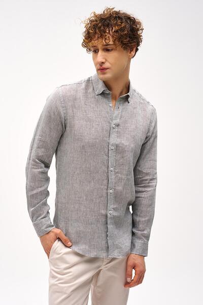 İgs Сорочка кольору хакі з довгими рукавами та коміром-накладкою, 100% льон, з ґудзиками та коміром