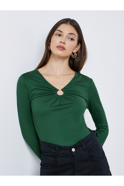 Styli Green Keyhole Detail Fitted Knit Top