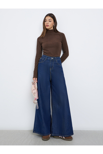 Styli Brown Ribbed High Neck Knit Top