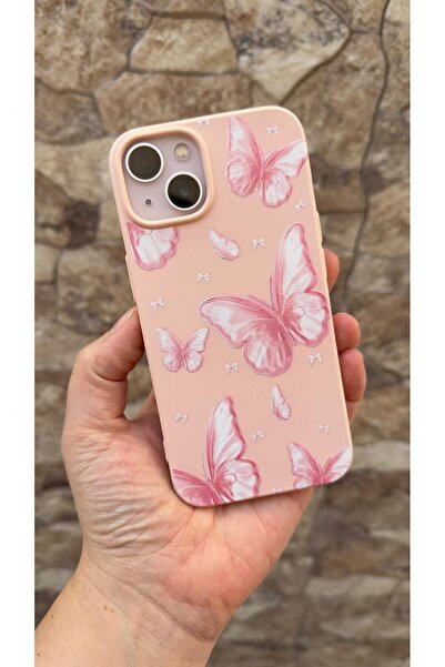 Vip Case iPhone 13 Compatible Pink Butterfly Patterned Silicone Shock-Absorbing Classic Protective Rubber Case