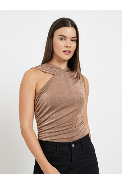 Styli Brown Textured Sleeveless Bodysuit