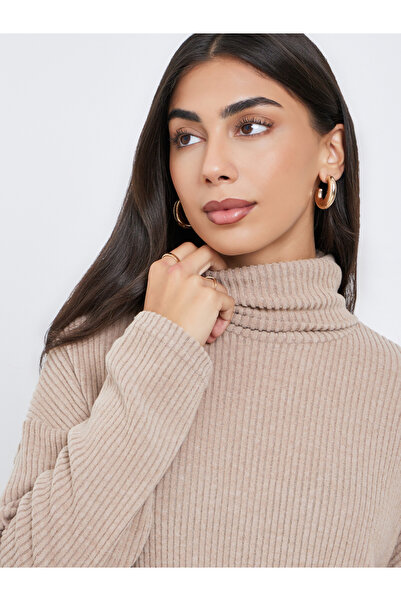 Styli Beige Ribbed Longline Turtle Neck Top with Fabric Belt