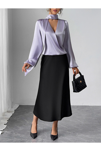 Take Two By Styli Solid V-Neck Balloon Sleeve Top with Scarf