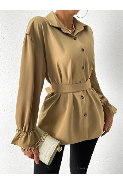 Take Two By Styli Solid Drop Shoulder Button Front Belted Shirt