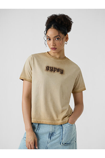 The Souled Store By Styli Beige Embroidered Washed T-Shirt