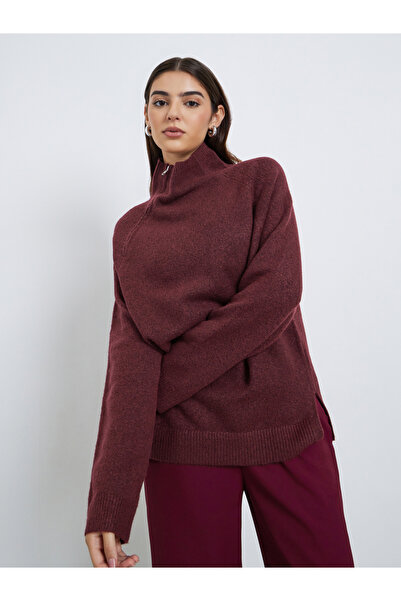 Styli Burgundy Regular Fit Sweater with Zip Detail