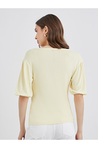 Take Two By Styli Yellow Button Placket V Neck Top