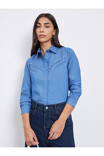 Styli Blue Studded Detail Long Sleeve Denim Shirt