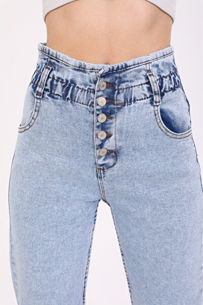 SHEVEGA Women's Button Detailed Elastic Waist Ice Blue Mom Jeans