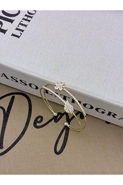 Hedef Bijuteri Gold Color Adjustable Two-Row Zircon Stone Bracelet with Leaf and Flower Detail