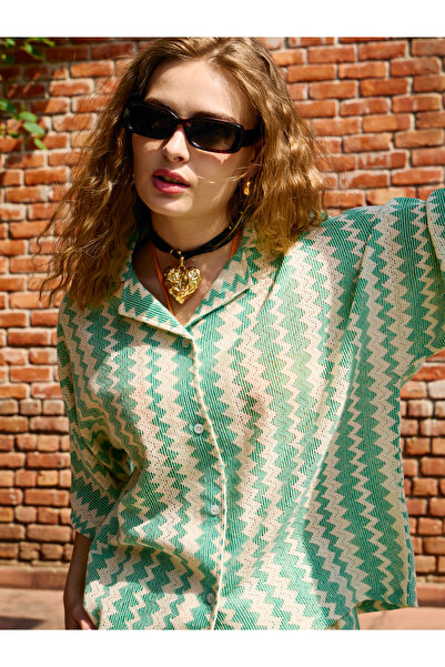 Sassafras By Styli Women Green Chevron Printed Short Sleeve Oversized Shirt