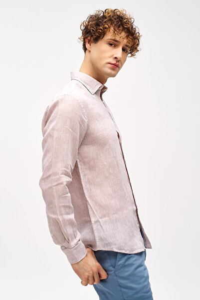 İgs Бежева сорочка з довгими рукавами та коміром-на-ґудзиках, 100% льон, з динамічним кроєм