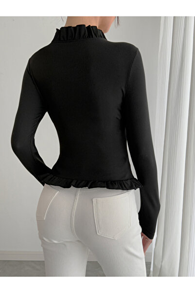 Take Two By Styli Flounced Detail Rhinestone Bow Detail Slit Hem Top