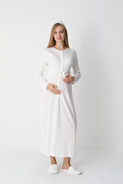 LOHOUSE Women's Special Lace Design Cotton Winter Maternity Nightgown-Dressing Gown Set of 2