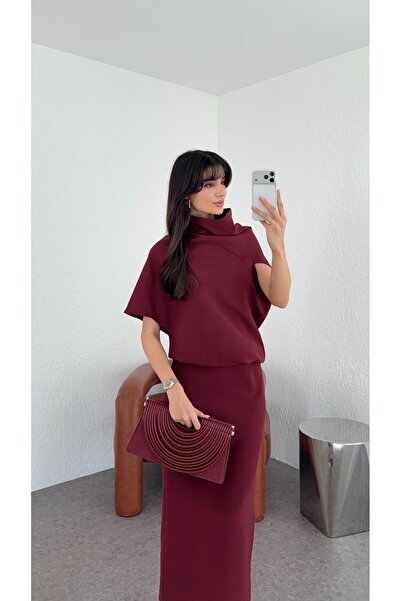 HAZELANNA Asimetrik Yaka Bordo Premium Elbise