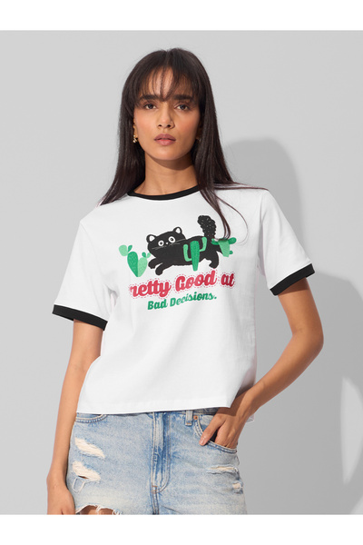 The Souled Store By Styli White Cat Graphic Print Relaxed Fit T-Shirt