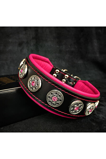 Bestia Bijou Leather Dog Collar, L (42.5-50 cm), Black/Pink