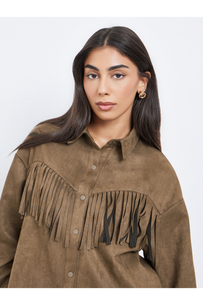 Styli Brown Tassel Trim Suede Look Shirt