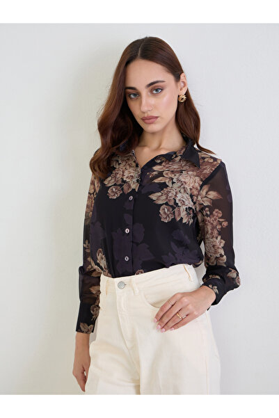 Styli قميص شيفون أسود بطبعة زهور