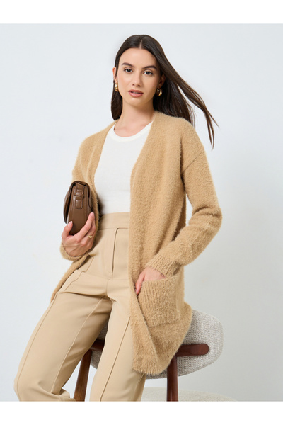 Take Two By Styli Khaki Furry Knit Longline Cardigan