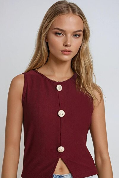 Trend Alaçatı Stili Burgunderrote Damenbluse mit Rundhalsausschnitt und golde...