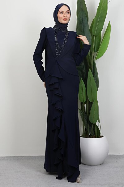 GİYZAMİLA Matilda Crepe Evening Dress Navy Blue