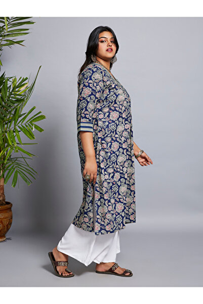 Globus By Styli Plus Size Blue All Over Floral Print Workwear Kurta