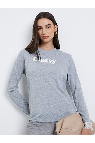 Styli Grey Typography Print Lace Cuffs Regular Fit T-Shirt