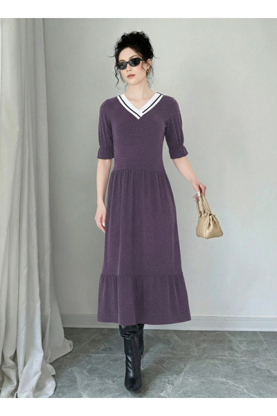 Avones Women's Short Sleeve Knitwear V-Neck Wool Viscose Midi Length Dress