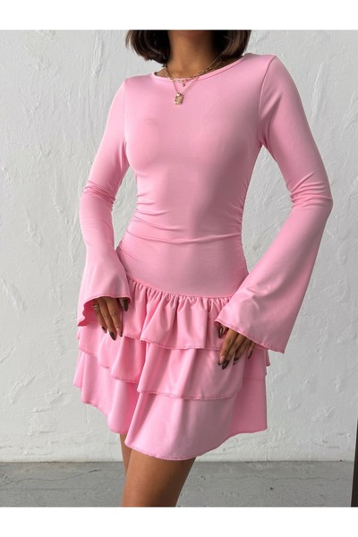 novalook Rochie mini romantică roz cu volane, cu mâneci lungi, rochie elegant...