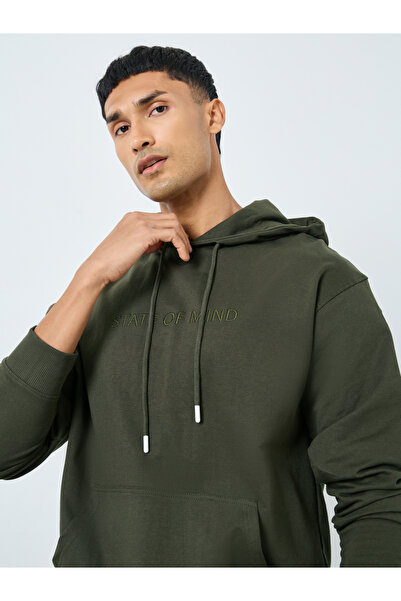 Styli Olive Relaxed Fit Embroidered Hoodie