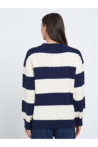 Styli Striped Cable Knit V Neck Sweater
