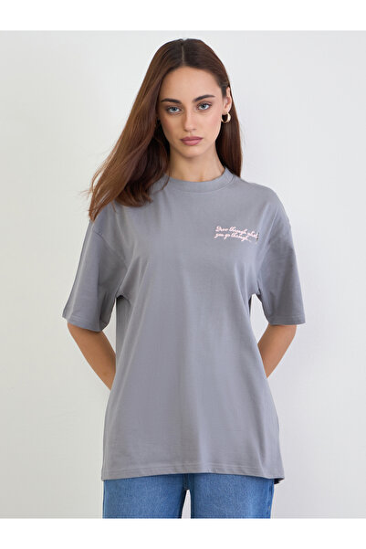 Styli Grey Slogan Embroidered Oversized T-Shirt