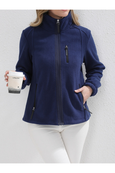 Take Two By Styli Navy Blue Fleece Jacket with Zip Pockets
